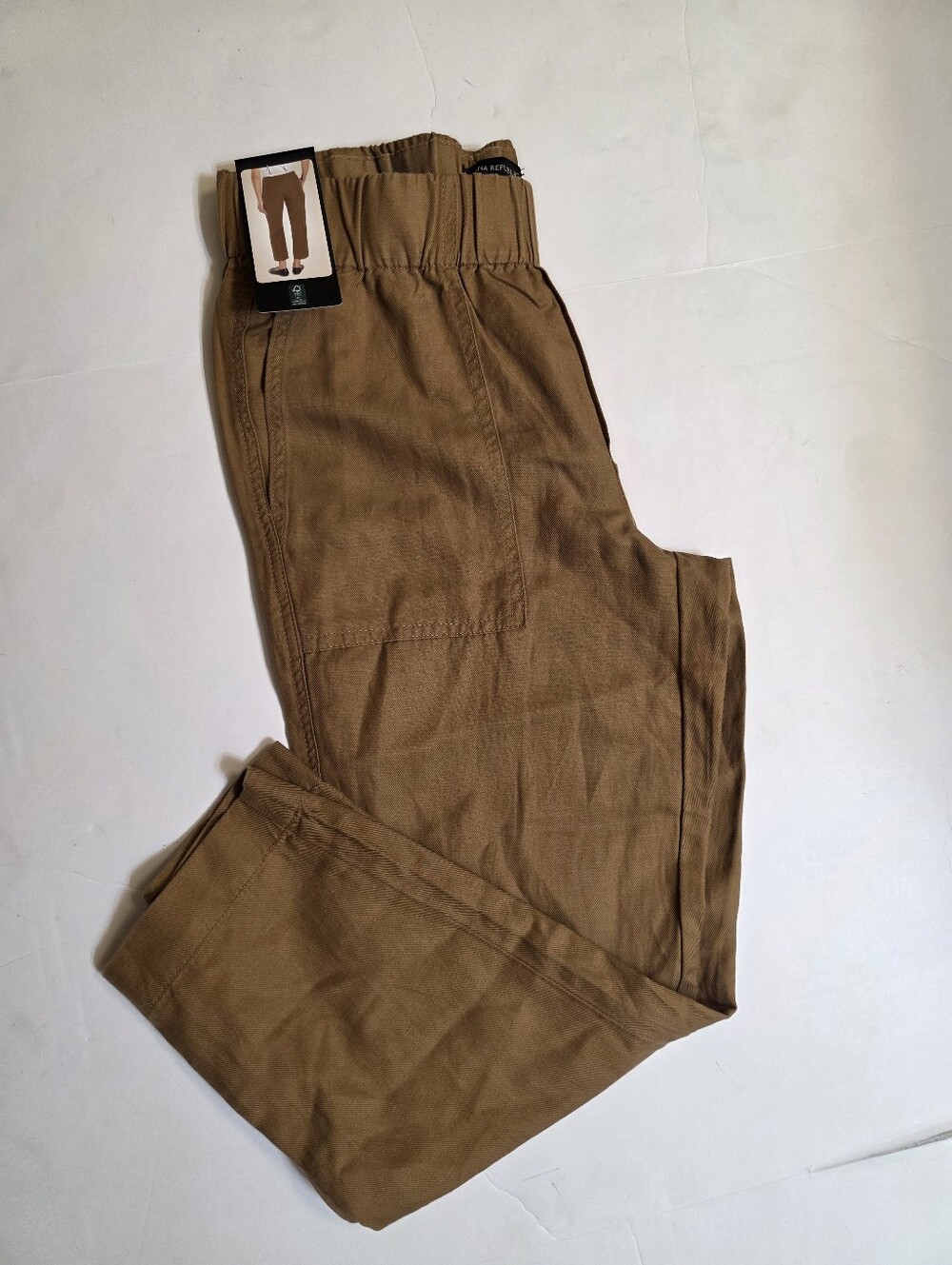 Banana Republic Women Small Tapered Crop Pants Tan Elastic Waist Pockets S 25.5"